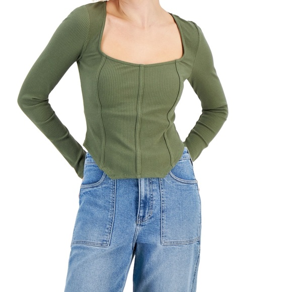 just polly Tops - Green Fitted Long Sleeve Bustier Bodysuit